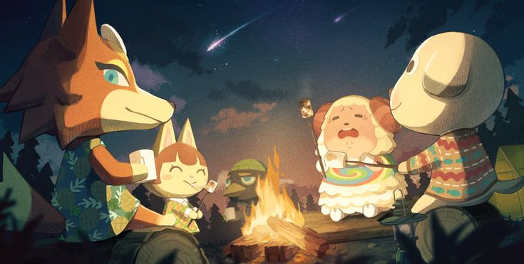星空の下で焚き火を囲むどうぶつたち