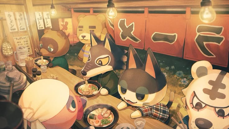 みんなでラーメンを楽しむどうぶつたち